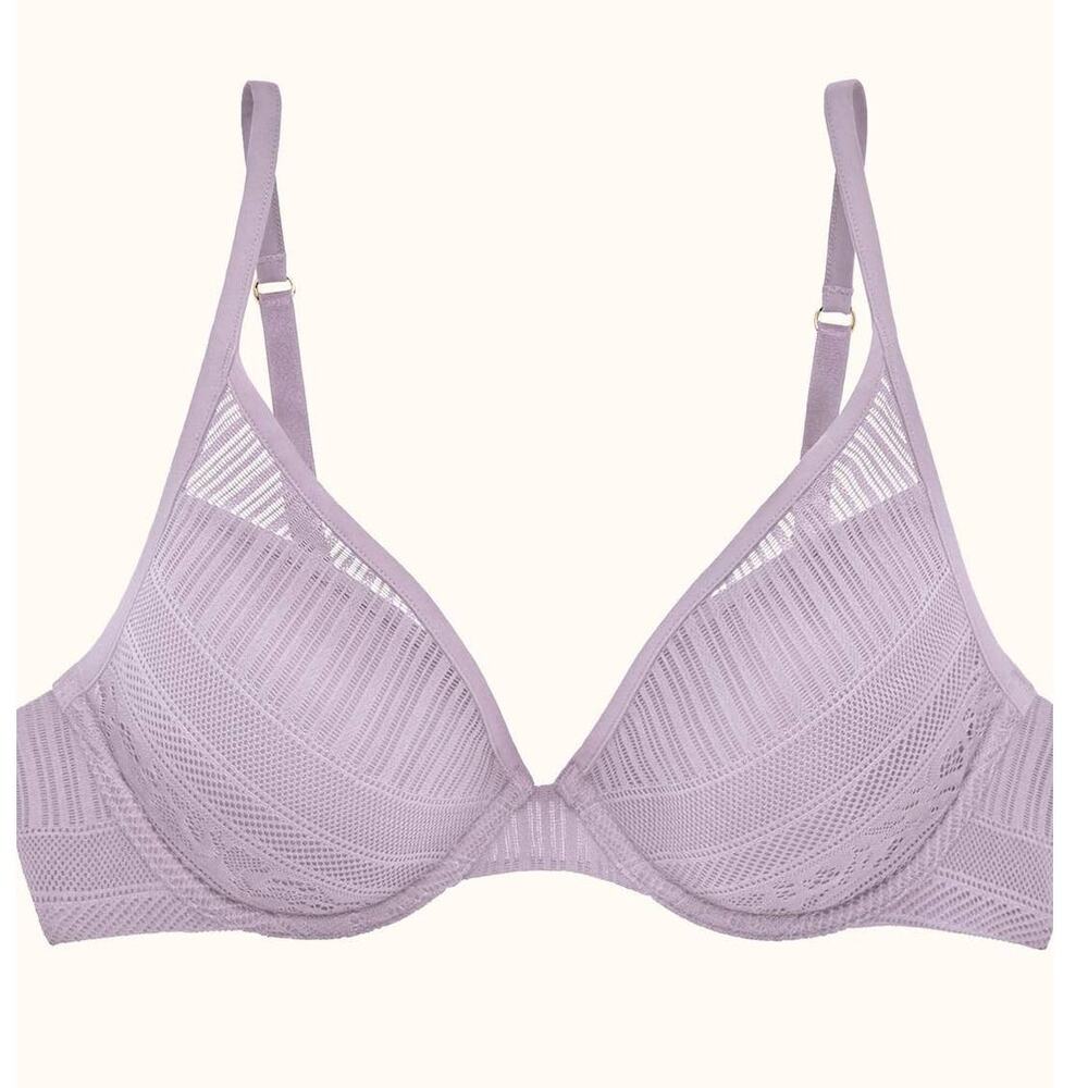 NWTThirdLove Everyday Lace Plunge Uplift Smooth Band Foam Striped Bra Purple 42F